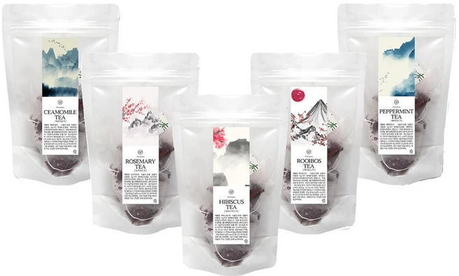 한국유기농 히비스커스차 루이보스차 캐모마일차 등 허브차 허브티 4+1팩 5종, 1g, 10개입, 5개 - 쿠팡