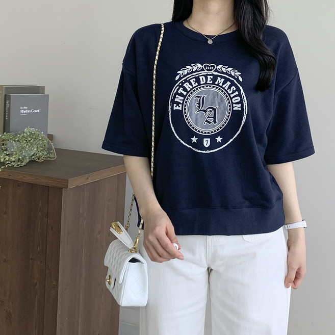 [행복여] 엔터 레터링 로고 루즈핏 반팔 맨투맨 티셔츠