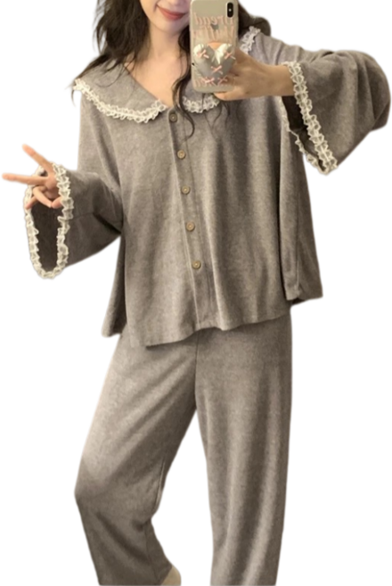 Makone 여성 숄카라 레이스트리밍 캐주얼 루즈핏 홈웨어 가디건 바지 상하의 잠옷 세트