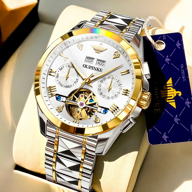 OUPINKE 남성 시계 정품 자동 기계식 오토매틱 럭셔리 명품 워터프루프 야광 일력 요일 메탈 다기능