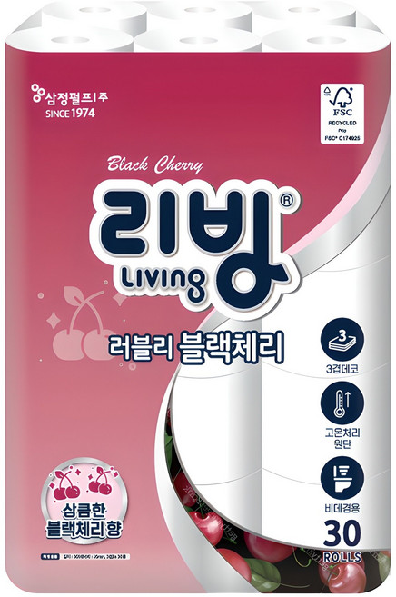 리빙티슈 3겹 러블리 블랙체리 고급롤화장지, 30m, 30롤, 1세트