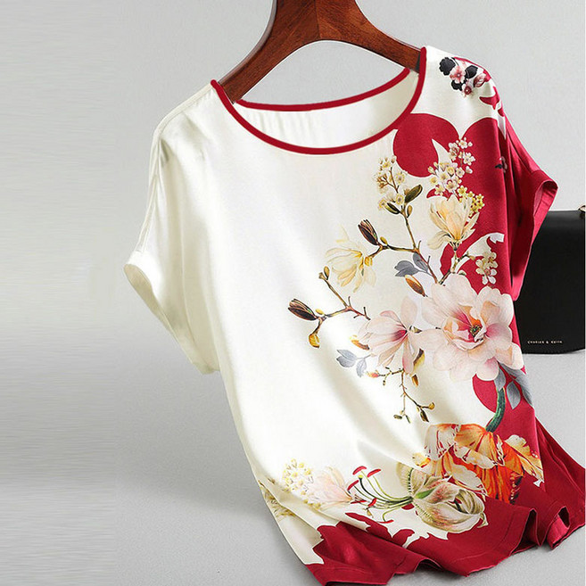 FANSYLI 여름 엄마 나염 반팔 티셔츠 여성 고급 빅 사이즈 새틴 상의 라운드 이너 티셔츠 W2505M26