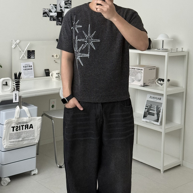 르위 남자 반팔니트 라운드 머슬핏 세미크롭 여름용