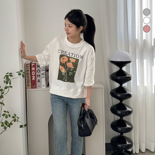 디테일웨어 여성 디지털 로즈 나염 7부소매 반팔 맨투맨 티셔츠 오버핏 임부복 빅사이즈 고퀄리티 여자티셔츠