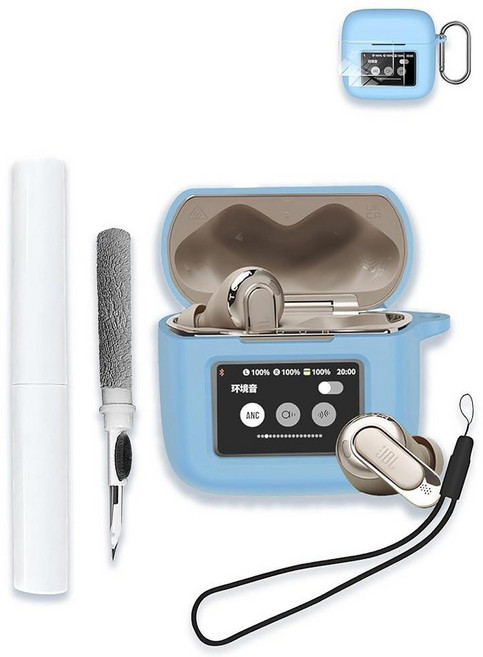 WUNIAK JBL Tour Pro 3용 케이스 - 트루 와이어리스 노이즈 캔슬링 이어버드 소프트 실리콘 보호 휴대용 스크래치 충격 방지 2팩 액정보호필름 및 클리너 키트, 하늘색