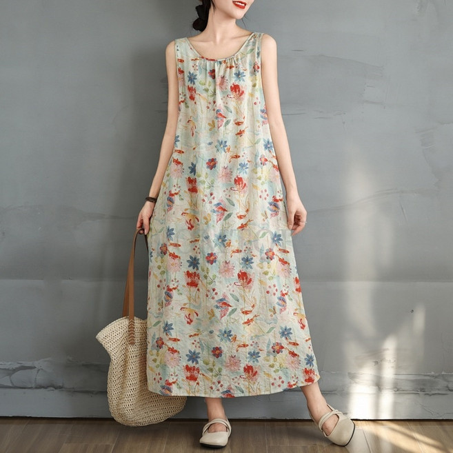 POMTOR 여성 중년 50대 40대 빅사이즈 루즈핏 민소매 플라워 원피스