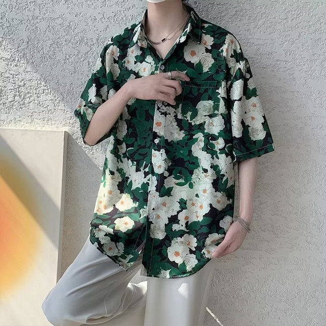 花襯衫男可愛貓咪印花薄襯衣 夏威夷度假風情侶沙灘襯衫 短袖開衫韓版慵懶港風