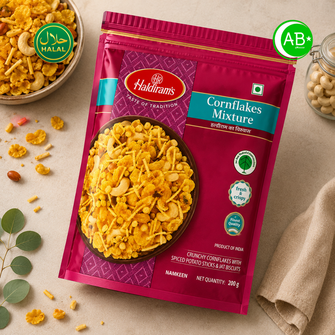 Haldirams Corn Flakes Mixture Spicy Indian Snack 할디람 콘플레이크 믹스 매콤한 인도 스낵, 200g, 12개