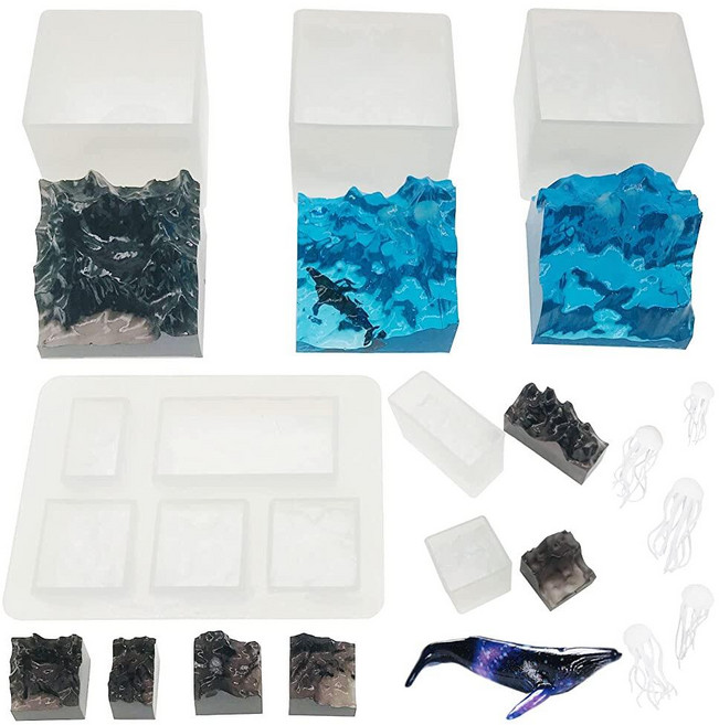 Woohome 레진용 실리콘 몰드 산봉우리 레진 몰드 6개 주얼리 주조 해파리 고래 필러 아트 공예 DIY 홈 데코용, Woohome 레진용 실리콘 몰드, 산봉우리 레진 몰드