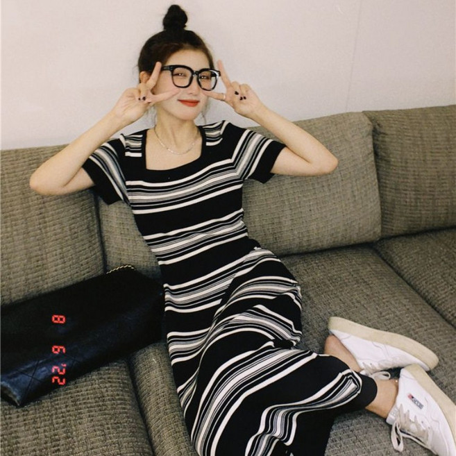 스트라이프 데일리 섹시 스판 쫀쫀 슬림 반팔 롱 원피스