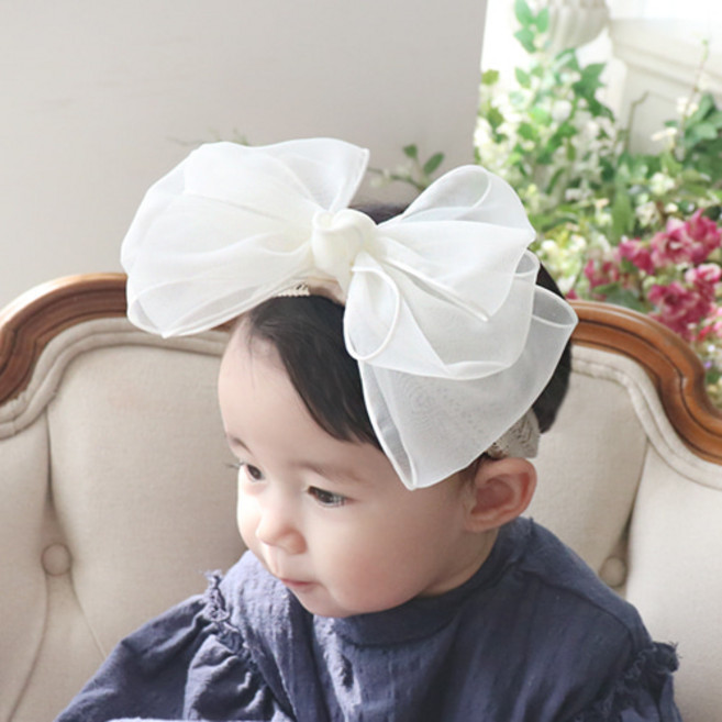 화이트 쉬폰 왕 리본 베이비 헤어 악세사리