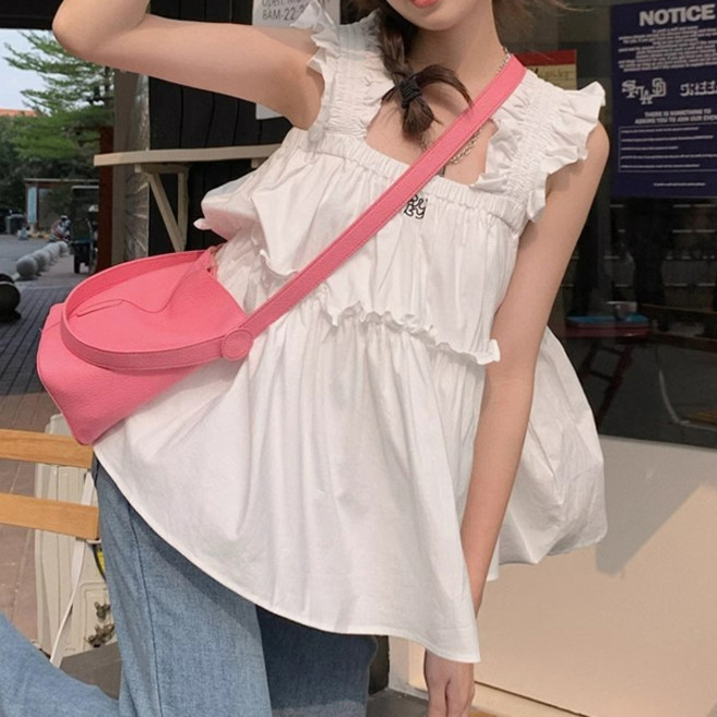 마스쿠스 플레어 프릴 자수 날개 민소매 블라우스