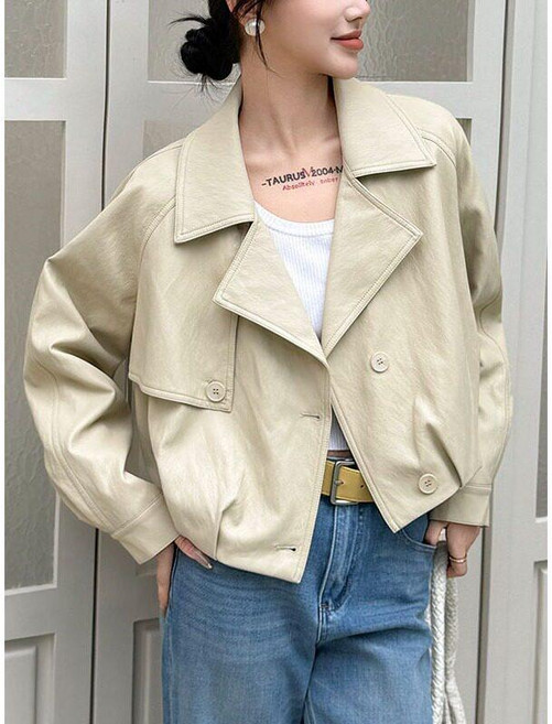 短款西裝領皮衣外套女 雙排扣寬鬆PU皮夾克上衣潮