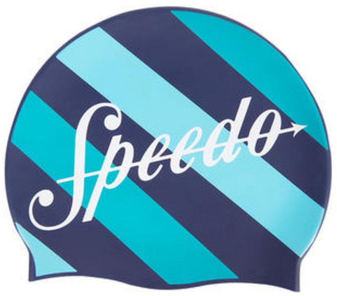 수영모 speedo 고탄력 귀보호 두발보호 빅사이즈 실리콘, 블루 스트라이프, 1개