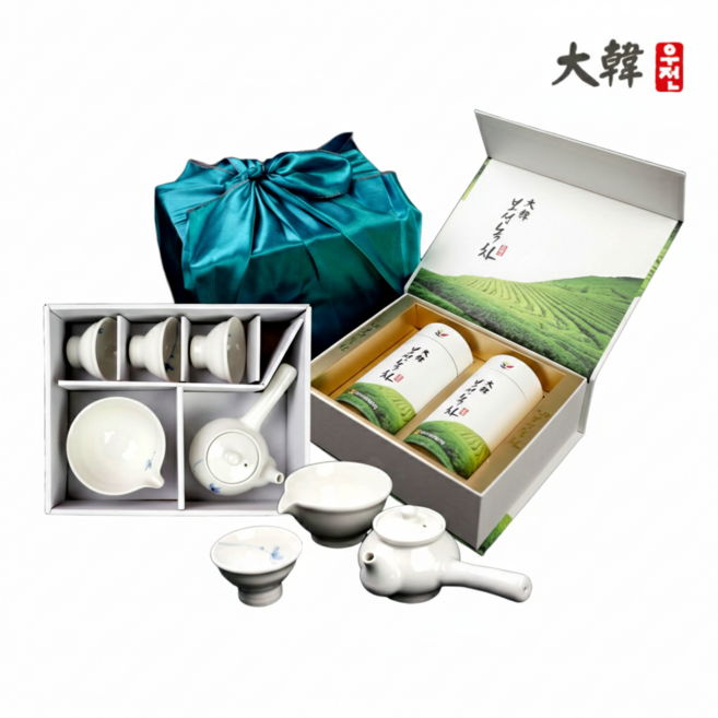 [다기세트+보자기포장] 보성녹차 고급 우전 전통차 햇차 부모님 선물세트 선물용 40g X 2EA 다기세트 보자기포장, 1개, 2개입