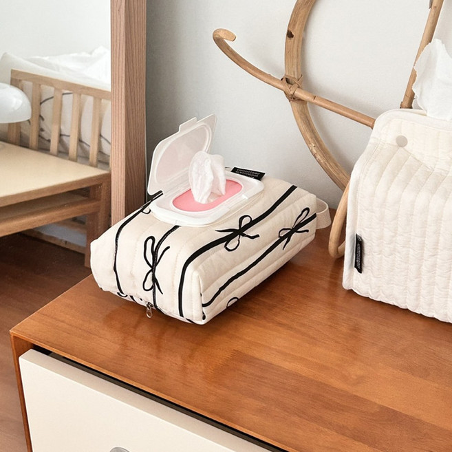 리본 캠핑 차량용 휴대용 물티슈 파우치 케이스 걸이 보관, 1개, 1. 크림 로맨틱 리본케이스