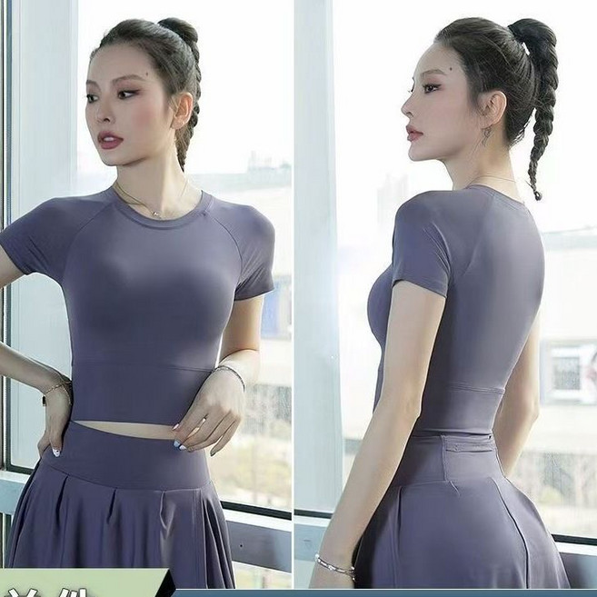 運動套裝女短袖+裙式健身褲 瑜伽服 訓練服, 1個, 紫色短袖2XL （135-148斤）