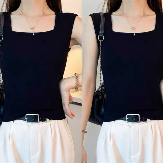 AOKADA 1+1 여성 여름 슬림핏 스퀘어넥 민소매 이너 티셔츠 순면 나시티