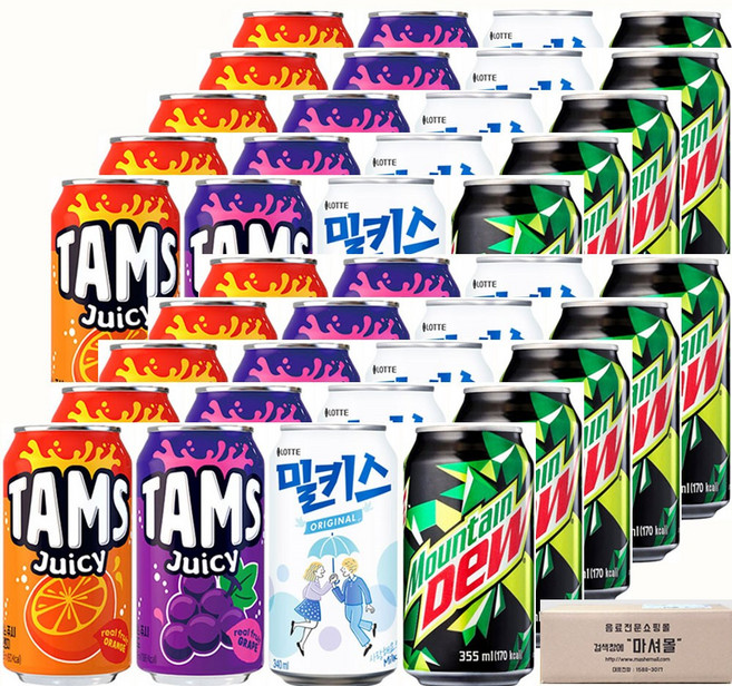 마셔몰 탄산음료 세트 탐스쥬시오렌지 포도 밀키스 마운틴듀 4가지맛 각5캔씩, 40개, 340ml
