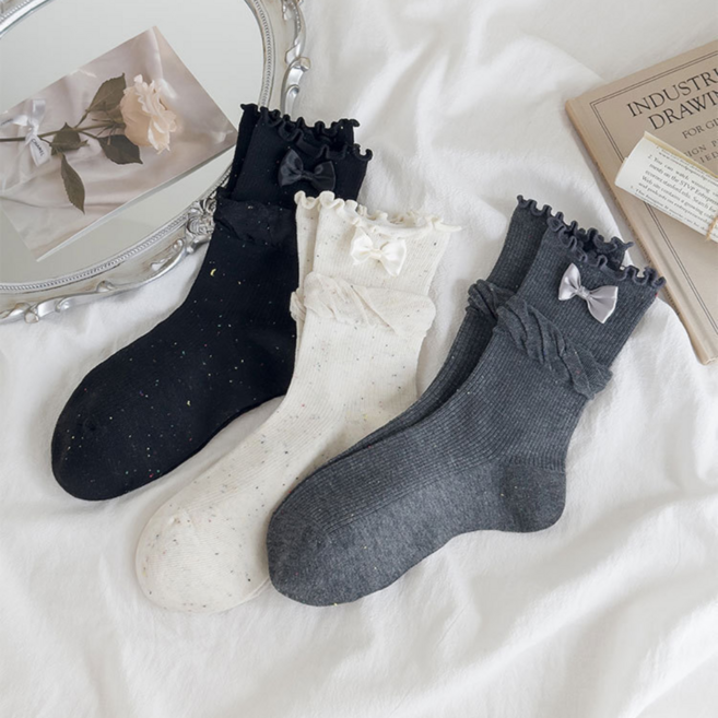 럽니드삭스 3종세트 여성용 캐주얼 리본포인트 양말