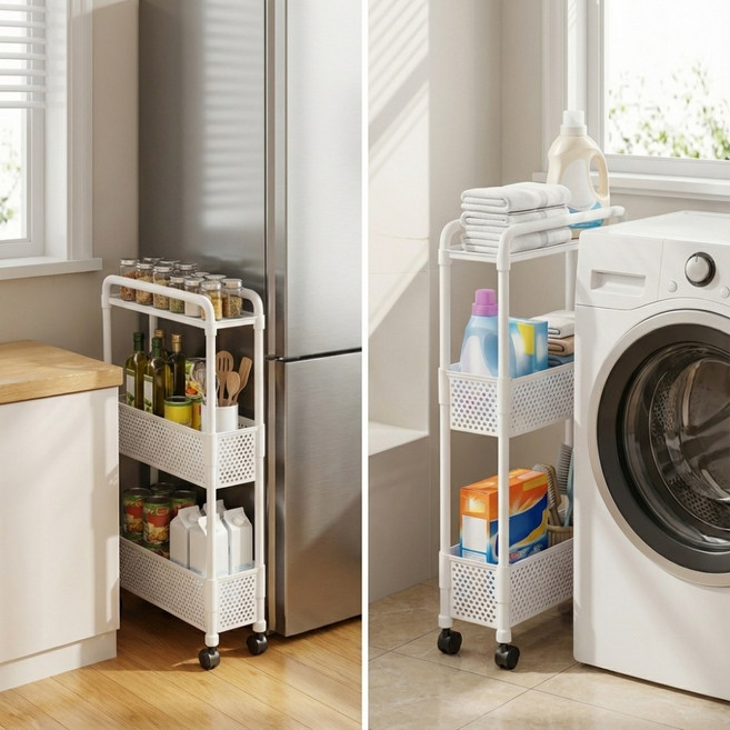 지구원 좁은 틈새 수납 선반 이동식 세탁실 주방 정리장, 1개, 화이트