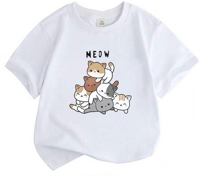 FONOW 반팔티셔츠 키즈티셔츠 트렌디 패션 순면 100% 귀여운 고양이 가족티 주니어옷