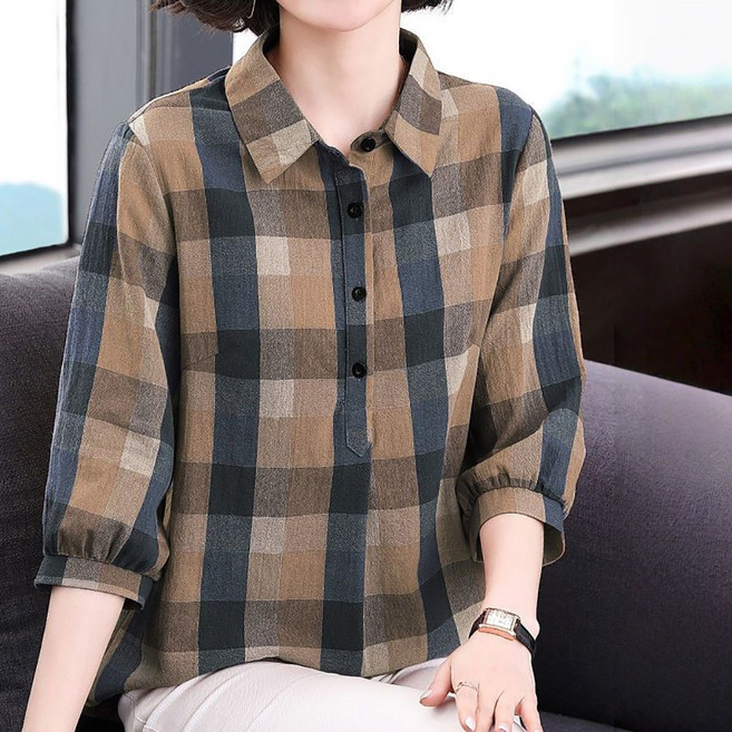 로르카 여성 카라넥 체크 루즈핏 빅사이즈 캐주얼 데일리 7부소매 셔츠 U02031727