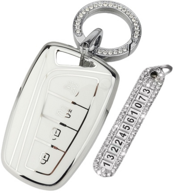 키에티 현대 스마트키 호환 그랜져HG 싼타페DM 4버튼 실버라인 스마트 차 키케이스 키홀더 + 분실방지 큐빅 전화번호판, 화이트 실버라인