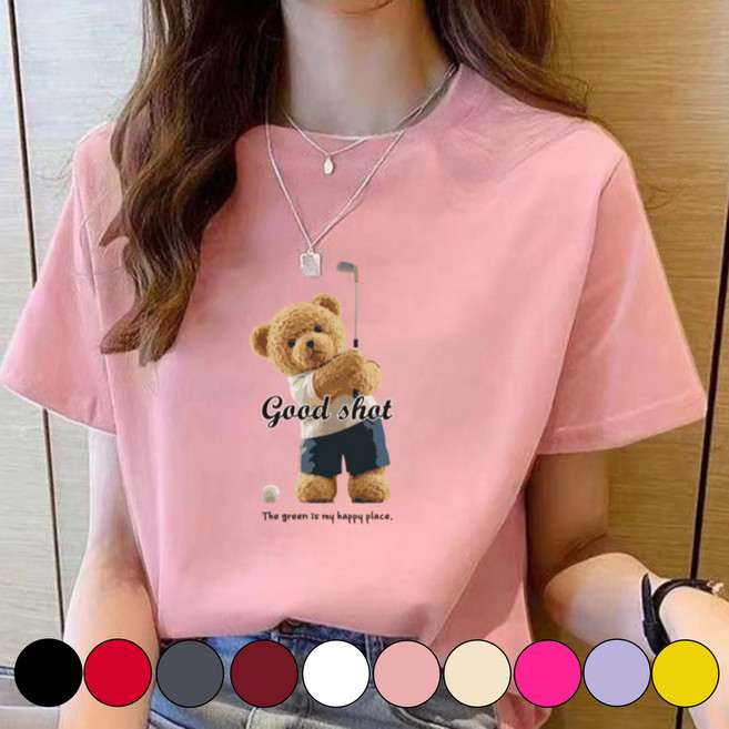 그리내 남여공용 라운드넥 여름 골프 곰돌이 프린팅 시원한 반팔티 커플티 가족티 단체티 동호회 캐릭터 이너 홈웨어 프린팅 티셔츠