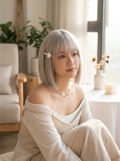 여성 가발 짧은 생머리 자연스럽다 패션 통가발(수납 포켓 포함), 1개, 멜란지화이트