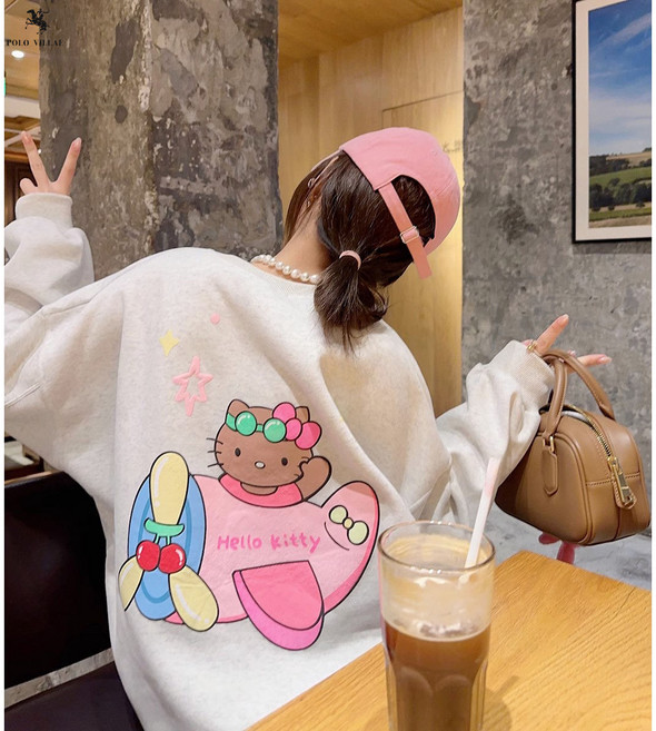 다나에 여성 귀여운 헬로키티 겨울 오버핏 부드러운 기모 맨투맨 상의+지아싱트레이드 머리띠