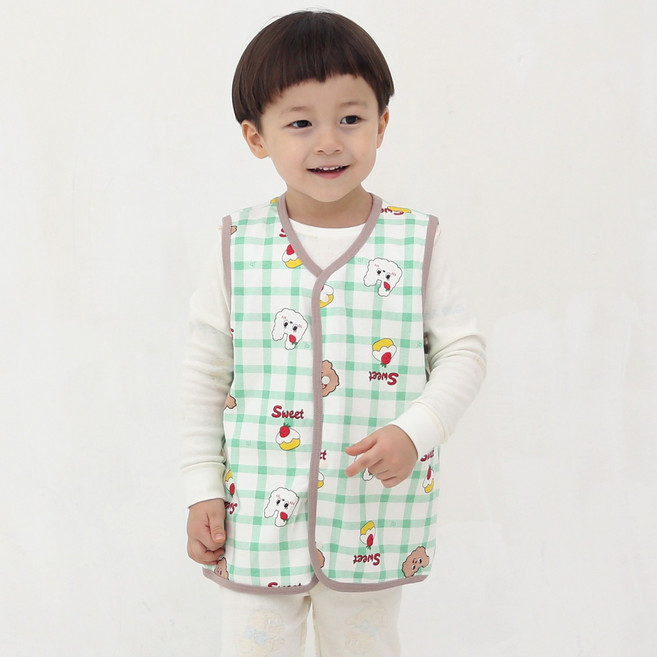 잼베이비 단조끼 스윗체크 민트 아동짧은조끼 톡톡 부드러운 면100%의 한겹조끼 앞전체 똑딱이 오픈패턴 간절기 체온유지 잠바속이나 상하복위에 딱 하나걸쳐도 ok!