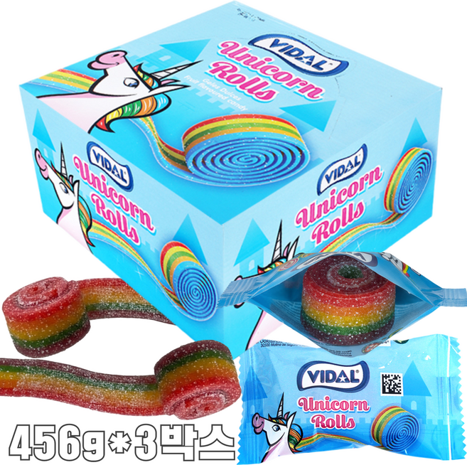 톡이네 비달 유니콘 젤리 레인보우 무지개 롤젤리, 456g, 3개