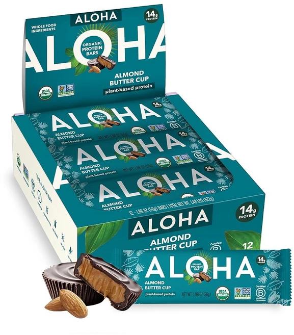 알로하 유기농 식물성 단백질 바 | 피넛 버터 초콜릿 칩 | 1.98온스(12팩) | 비건 저설탕 글루텐 프리 팔레오 저탄수화물 비-GMO 스테비아 프리 대두 프리, 6 Almond Butter Cup - 쿠팡