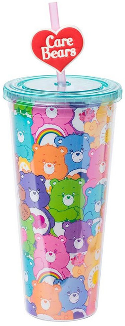 Silver Buffalo Sanrio Hello Kitty Kawaii Cute Hearts and Sparkle Plastic Cold Cup with Lid and Str, Care Bears 멀티 베어 올 오버