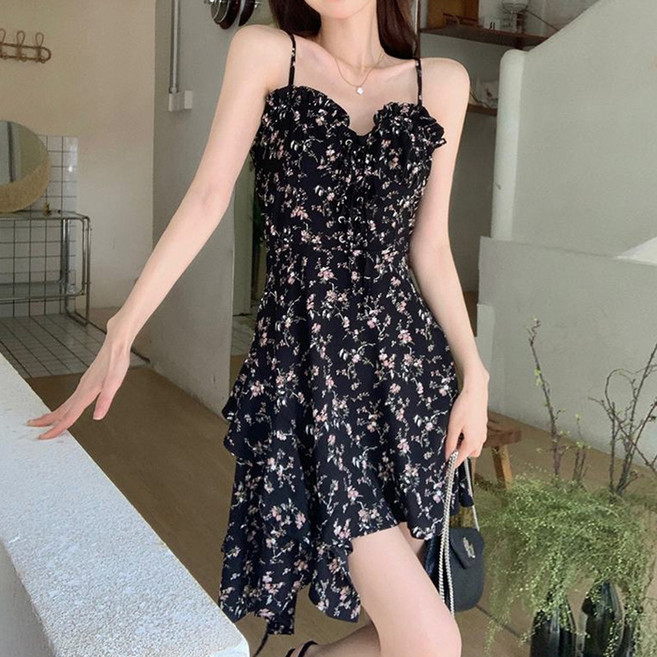 스타일닥터 원피스 여름 여신핏 플라워 스트랩 프릴 비대칭 허리쉐이핑 데이트룩 데일리 미니원피스
