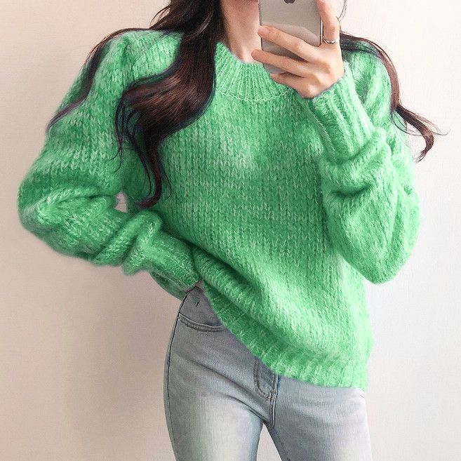 요시아나 [당일발송] 포근한 투톤 짜임 퍼프소매 캔디컬러 니트 3컬러