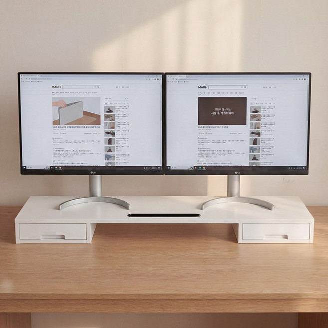 듀얼 모니터 받침대 수납 서랍형 거치대 와이드 모니터 거치, 화이트