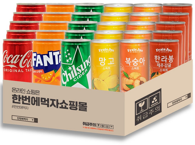 [한번에먹자] 미니캔 탄산 + 과즙 혼합세트 / 코카콜라 + 칠성사이다 + 환타오렌지 + 한라봉 + 복숭아 + 망고, 30개, 190ml