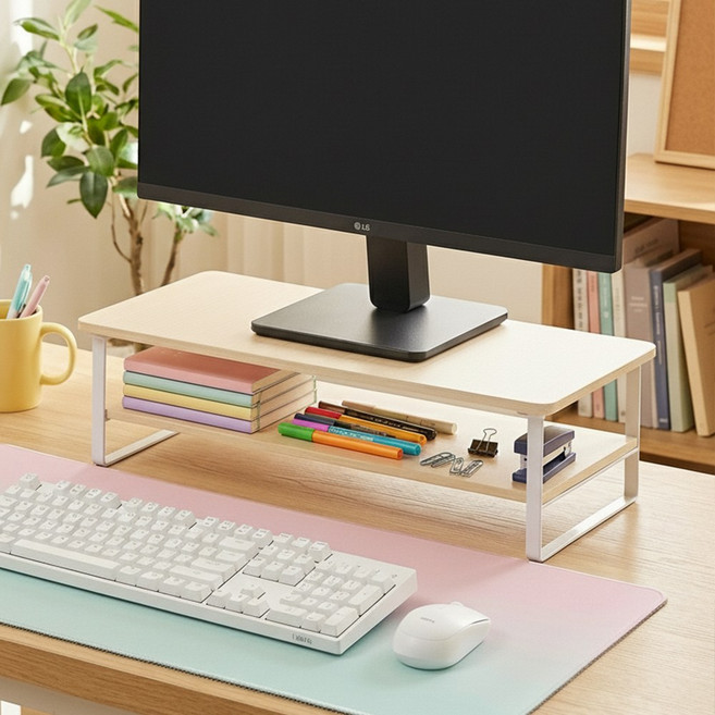 7NC 높은 싱글형 2단 모니터받침대 520 서랍 우드 선반 받침 스탠드 컴퓨터, 1개, 베이지 / 08Y-2T (눈높이15cm)