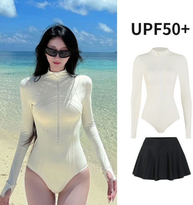 女長袖高領連體泳衣 UPF50+, 米白色 防曬 泳衣 裙子