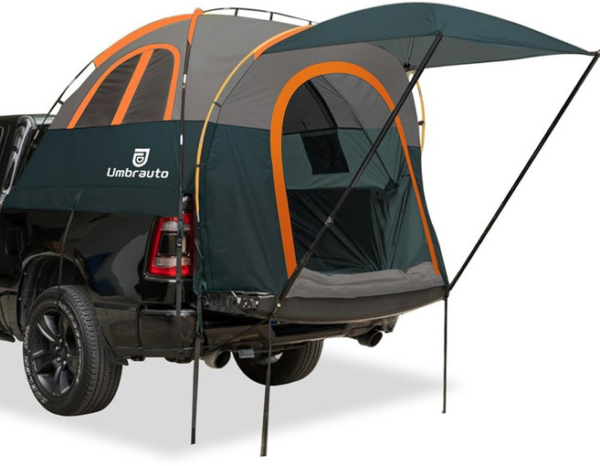 차양이 있는 움브라우토 트럭 침대 텐트: 5.5-5.8피트 PU3000mm 방수 테일게이트 픽업 텐트 2인용 간편한 설치 풀 사이즈 숏 침대 쉐보레 닷지 포드 GMC, Green & Orange, 5.5-5.8ft