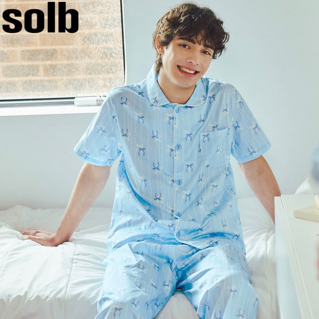 비너스 솔브 기분전환 기념일 선물 추천 60수 순면 큐티 리본 남성 반팔 잠옷 파자마세트 SPA2506M 애플
