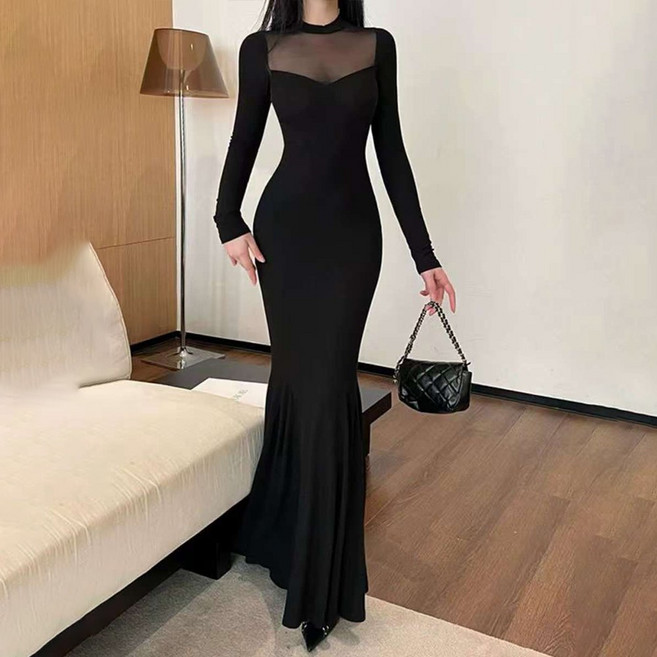 TKX 여성 섹시 원피스 긴팔 하이넥 슬림핏 드레스 연말 파티룩 여성스러운