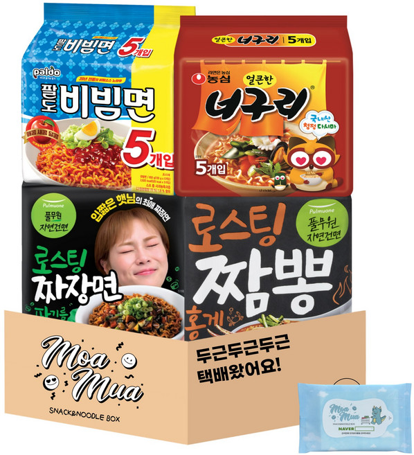 [모아무아] 라면세트 풀무원 로스팅 짜장면+로스팅 짬뽕+너구리+팔도비빔면 (+물티슈10매증정)