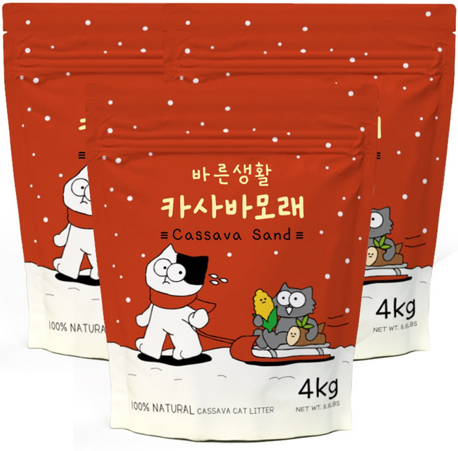 바른생활 먼지없는 카사바모래 12kg 고양이모래, 무향, 3개, 4kg