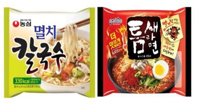 팔도 틈새라면 빨계떡 멀티(5입)1팩+ 농심 멸치칼국수 멀티(5입)1팩 총10봉, 10개