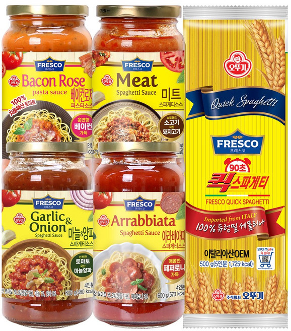 오뚜기 프레스코 파스타소스 4개(마늘양파+미트+베이컨로제+페페로니아라비아따)+퀵스파게티 500g 1개, 2900g, 1세트