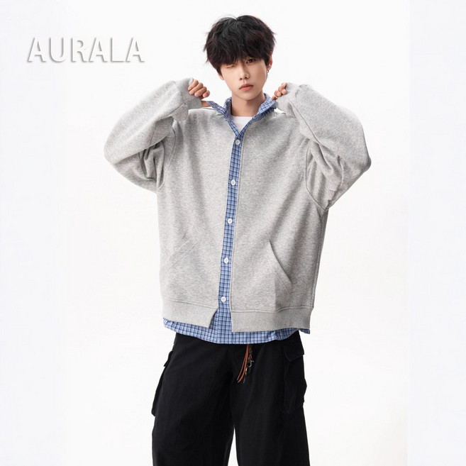 AURALA 남성 루즈핏 캐주얼 맨투맨 셔츠 칼라 레이어드 긴팔 맨투맨 티셔츠