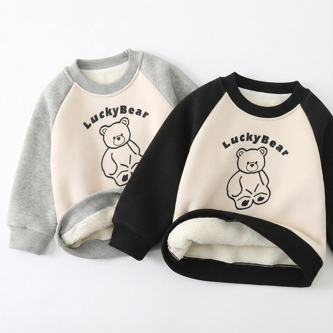 지디오 키즈 기모 곰돌이 나그랑 맨투맨 2개 세트 아동 공용 라운드넥 크루넥 긴팔 티셔츠 겨울 도톰한 상의